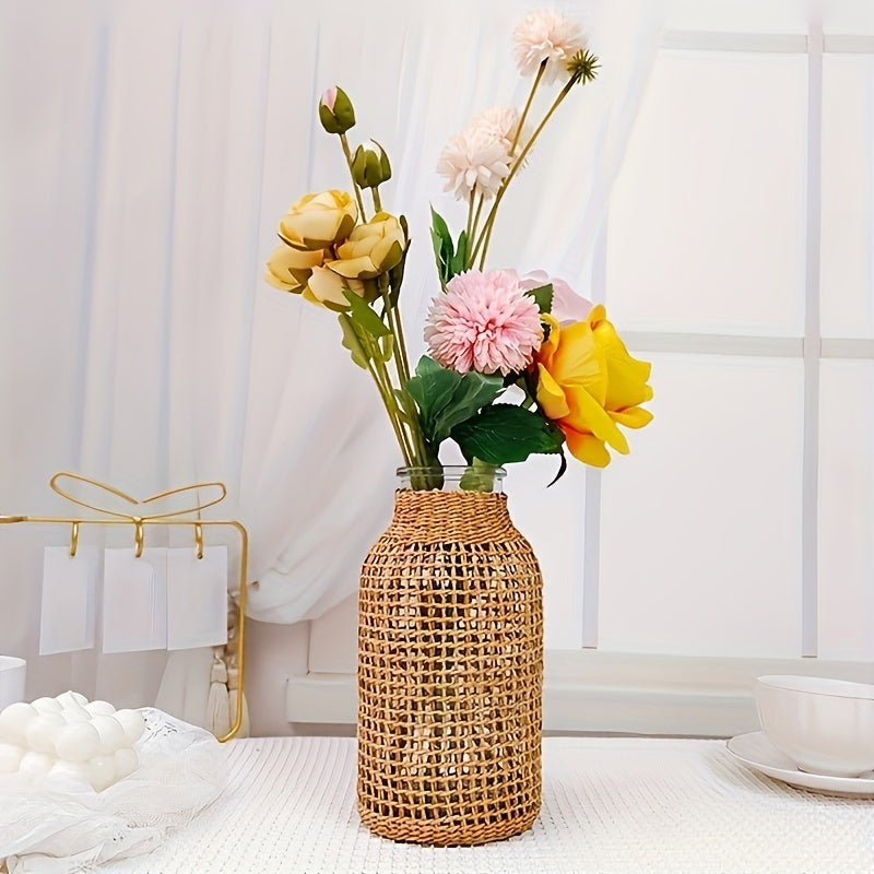 Jarrón de Cristal con Cubierta de Ratán – Estilo Boho para Ramilletes o Decoración de Mes