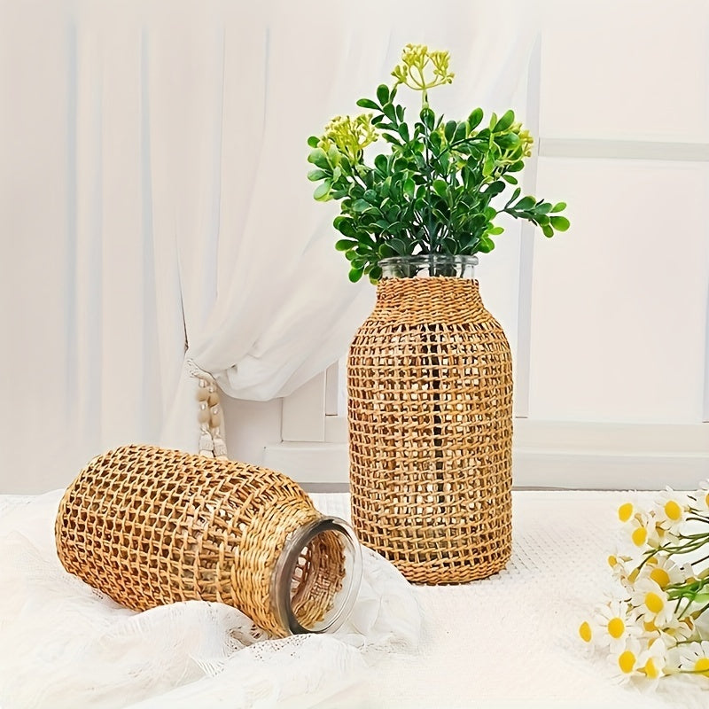 Jarrón de Cristal con Cubierta de Ratán – Estilo Boho para Ramilletes o Decoración de Mes