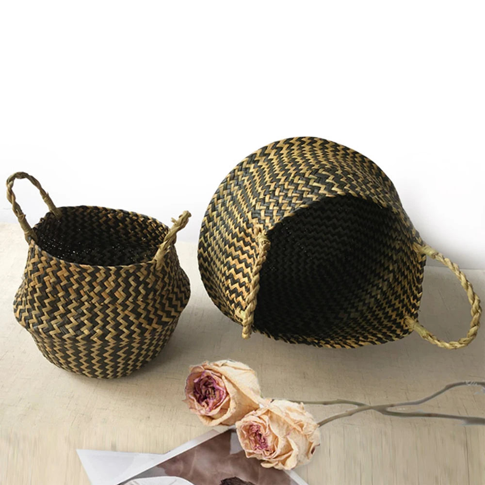 Cesta de Mimbre Plegable – Algas Marinas Hecha a Mano para Ropa o Almacenaje (Estilo Patchwork en Tonos Neutros)