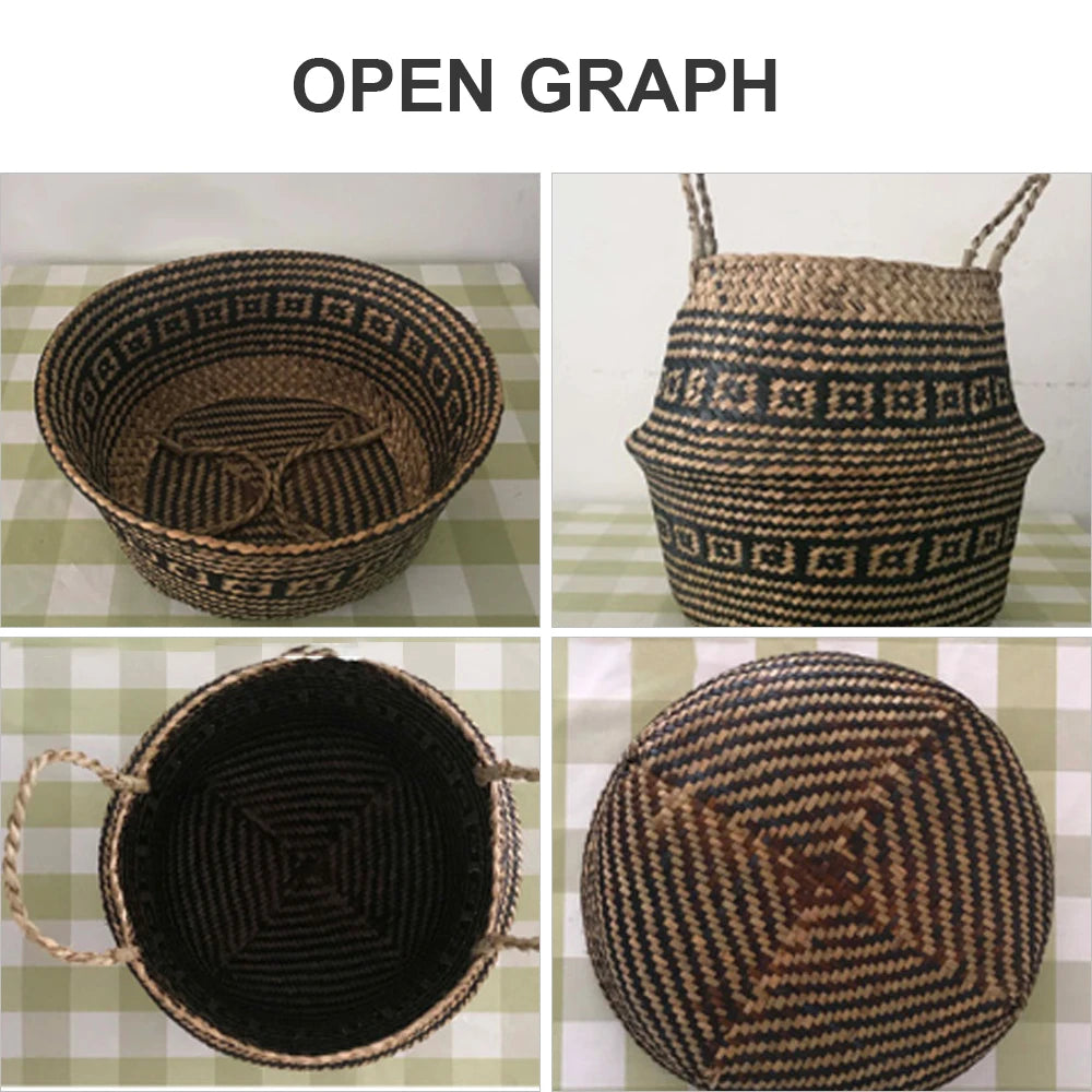 Cesta de Mimbre Plegable – Algas Marinas Hecha a Mano para Ropa o Almacenaje (Estilo Patchwork en Tonos Neutros)