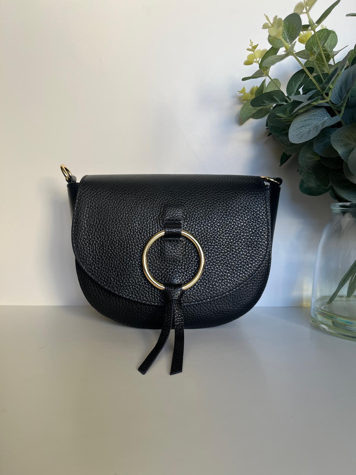 Bandolera Solapa Piel Aro - Negro