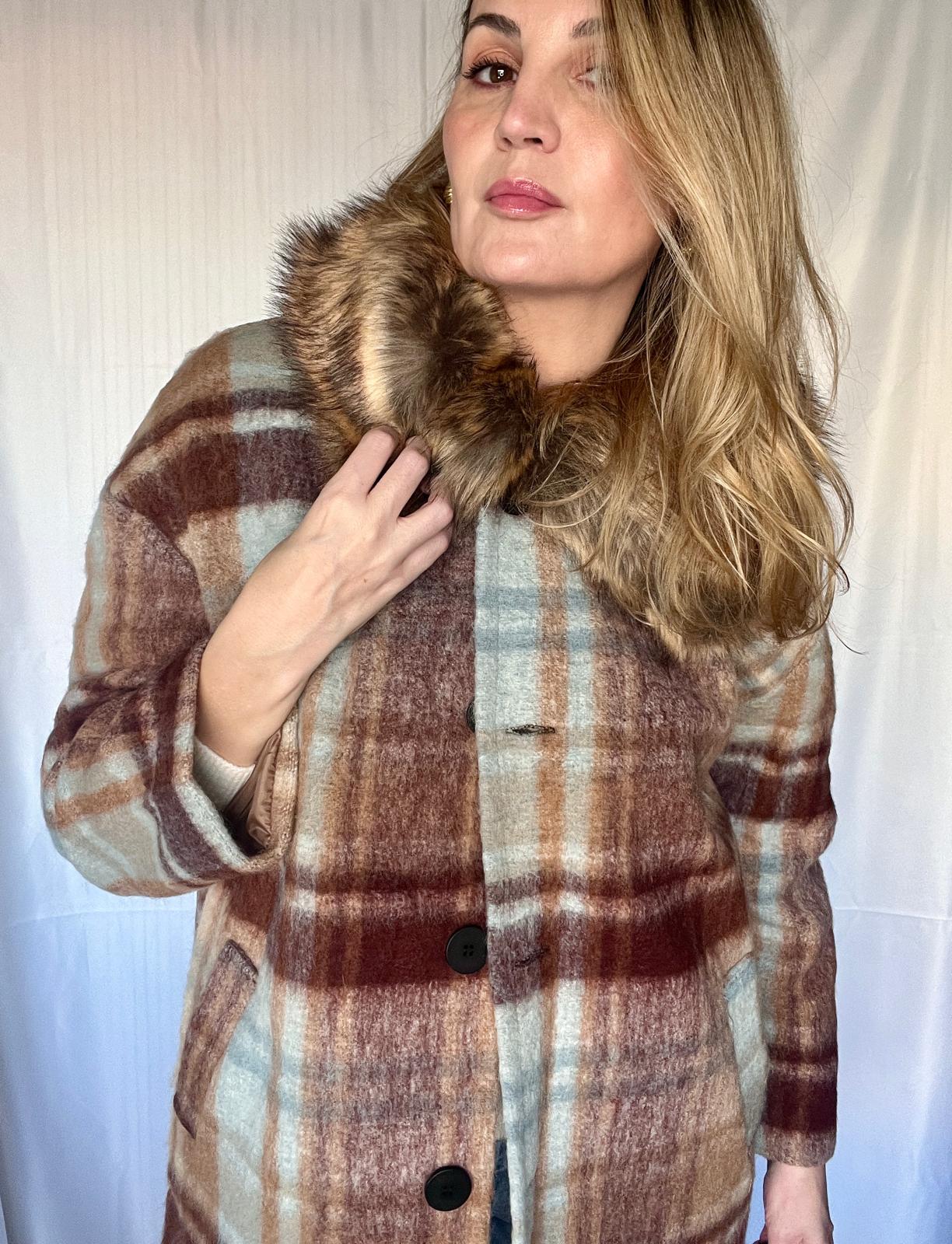 Abrigo Chaquetón Oversize Lana Cuadros Azul