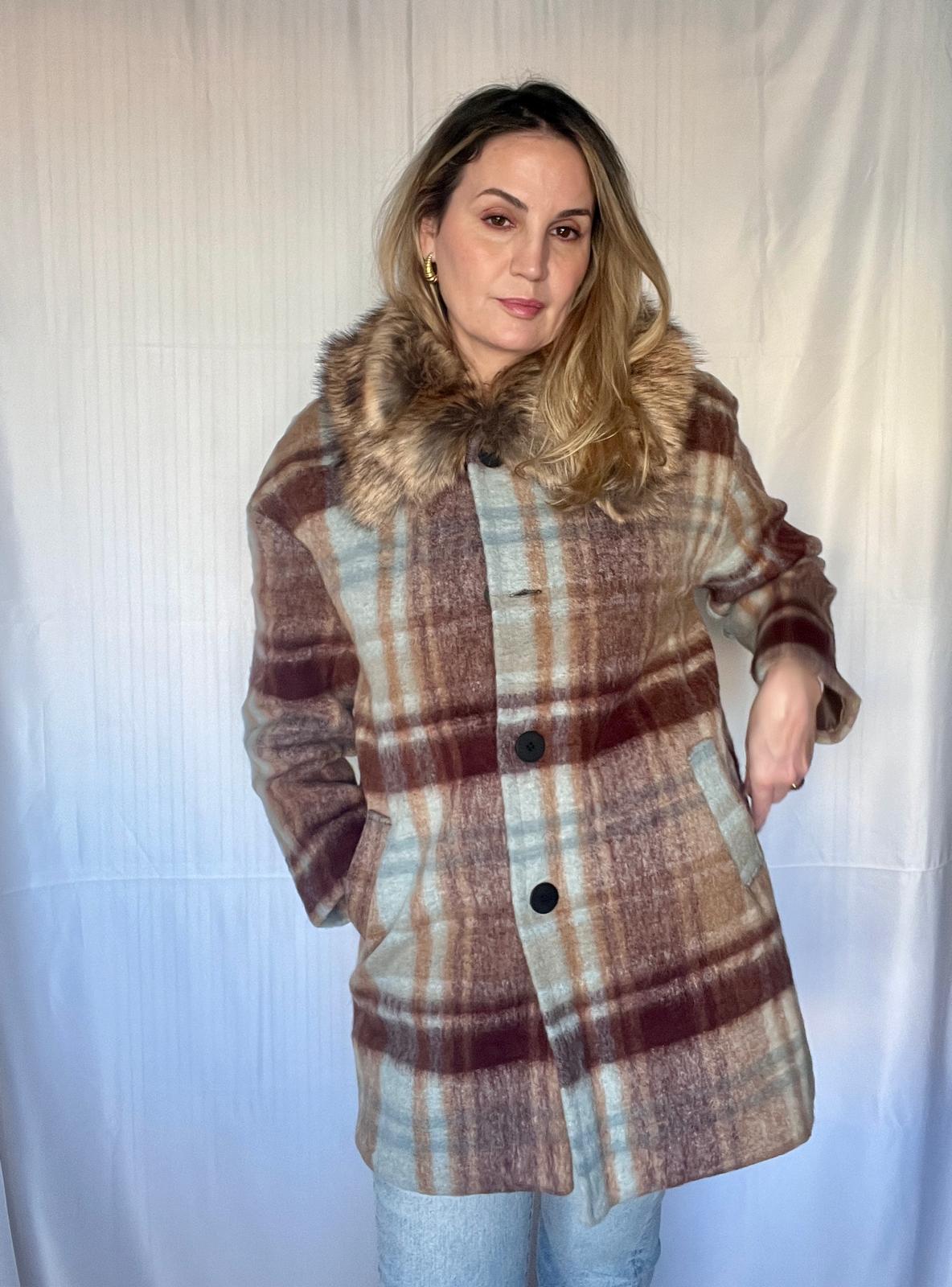 Abrigo Chaquetón Oversize Lana Cuadros Azul