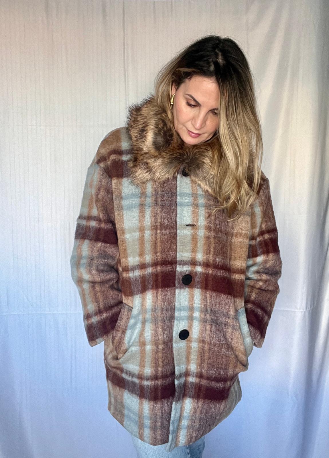 Abrigo Chaquetón Oversize Lana Cuadros Azul