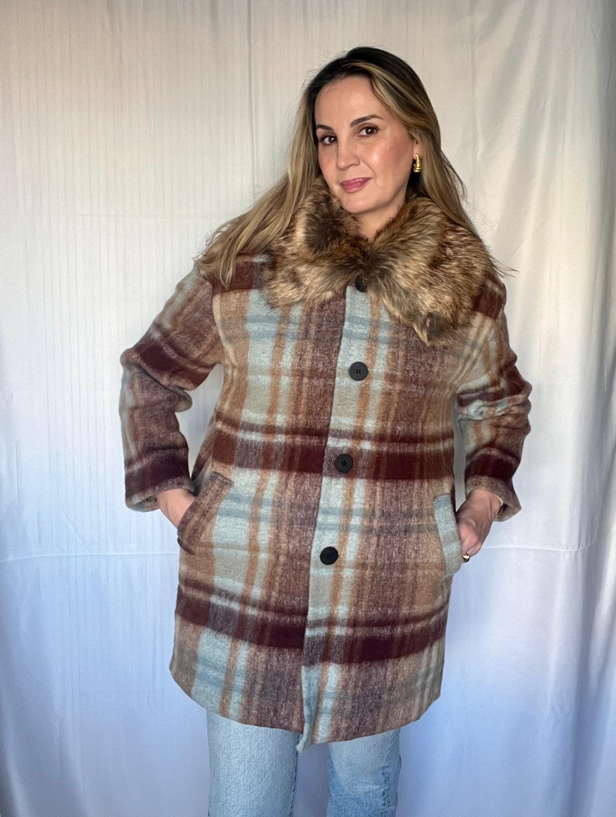 Abrigo Chaquetón Oversize Lana Cuadros Azul