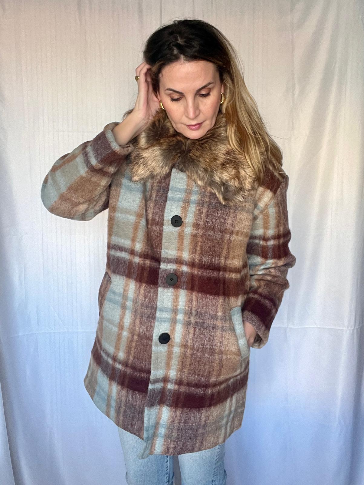 Abrigo Chaquetón Oversize Lana Cuadros Azul
