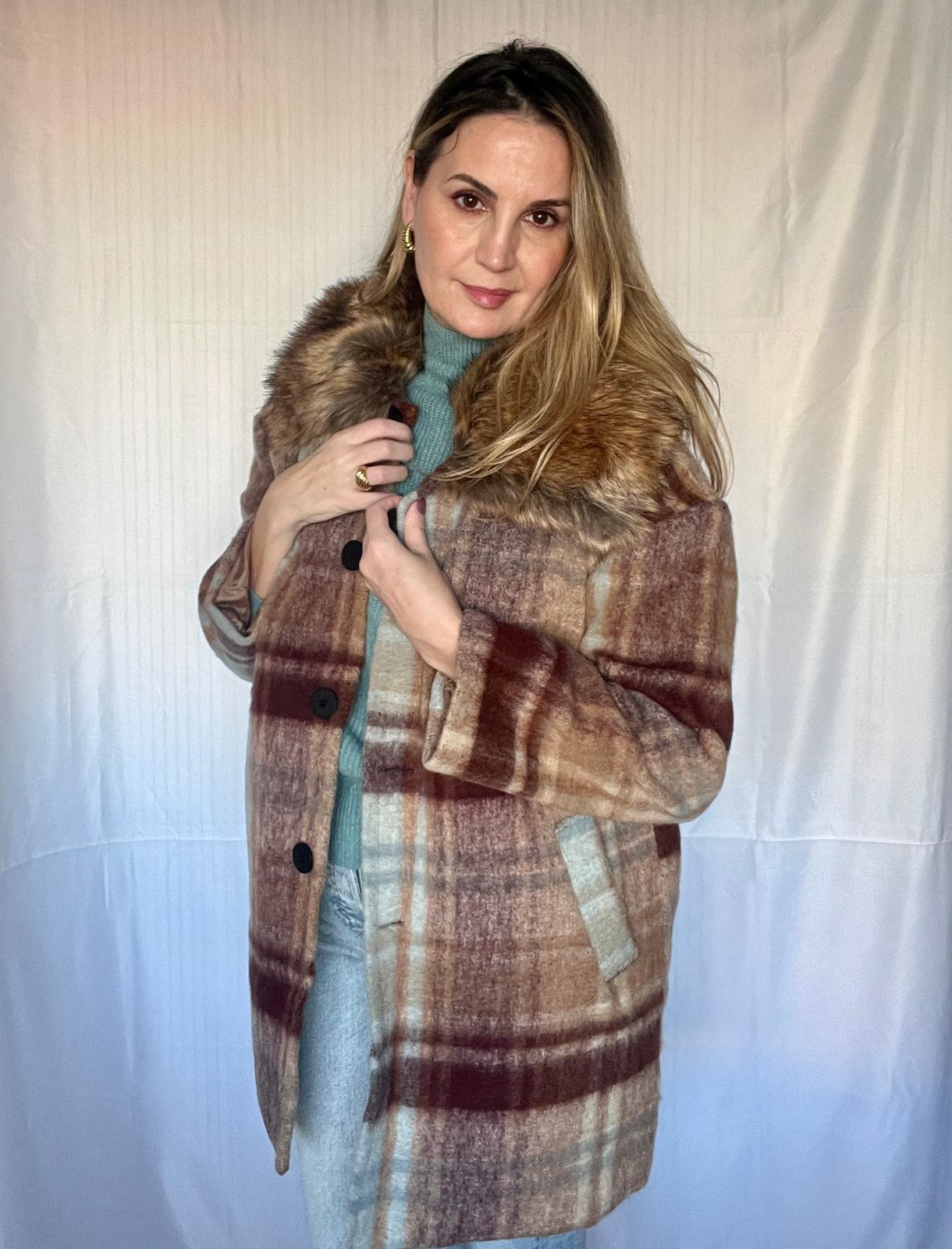 Abrigo Chaquetón Oversize Lana Cuadros Azul