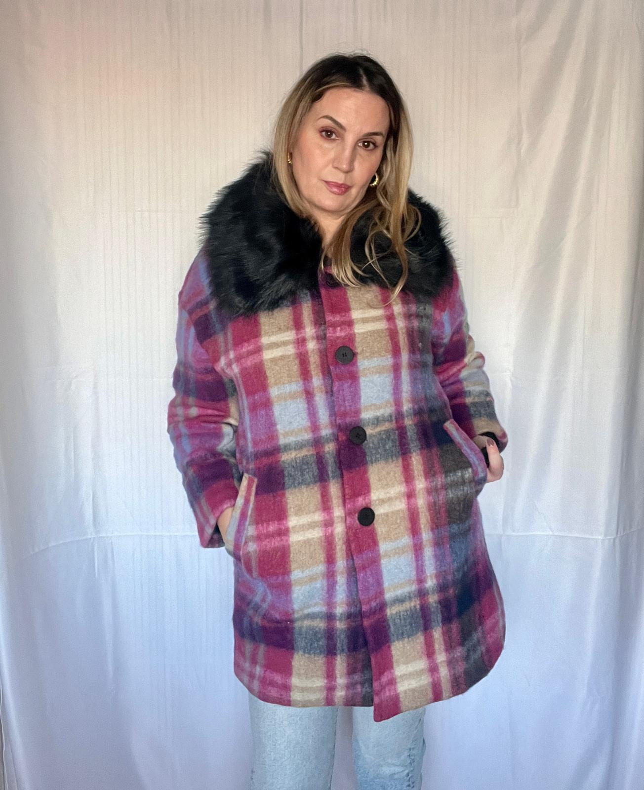 Abrigo Chaquetón Oversize Lana Cuadros Rosa