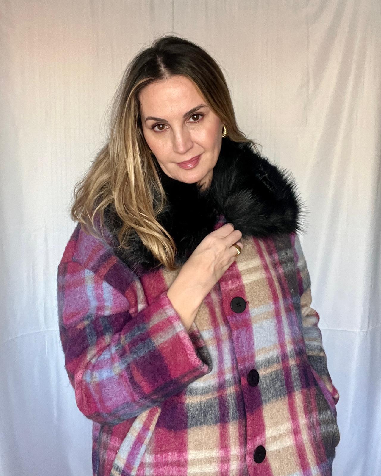 Abrigo Chaquetón Oversize Lana Cuadros Rosa