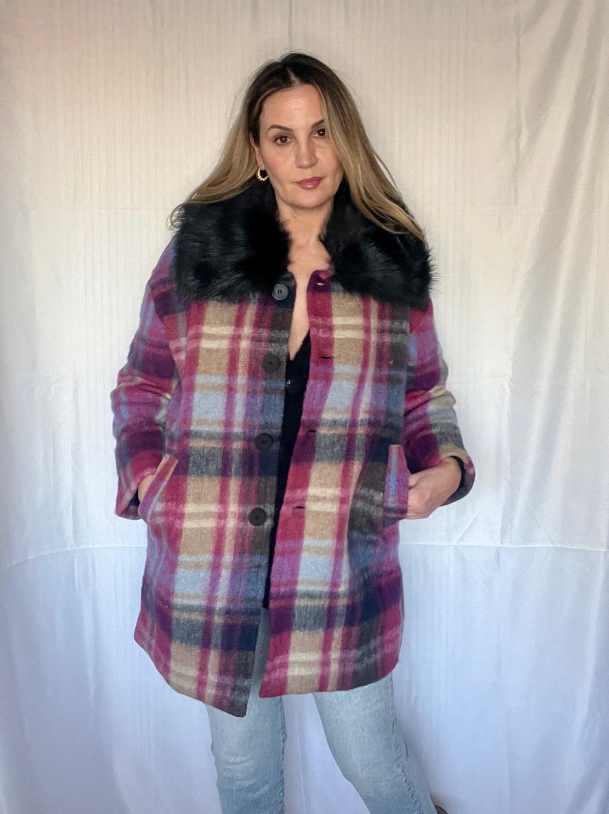Abrigo Chaquetón Oversize Lana Cuadros Rosa