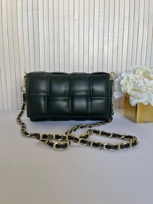 Bolso Bandolera Piel Verde Oscuro con Diseño de Cuadrados