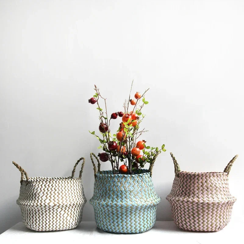 Cesta de Mimbre Plegable – Algas Marinas Hecha a Mano para Ropa o Almacenaje (Estilo Patchwork)