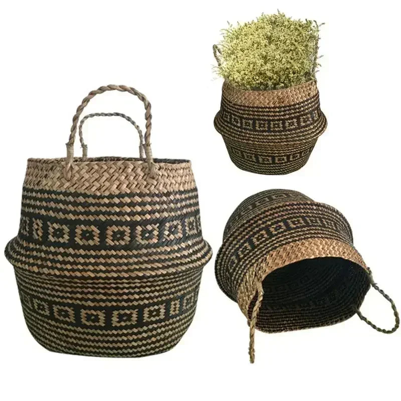 Cesta de Mimbre Plegable – Algas Marinas Hecha a Mano para Ropa o Almacenaje (Estilo Patchwork en Tonos Neutros)