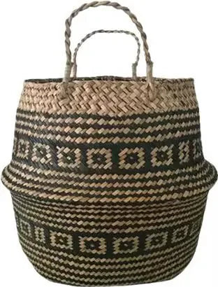 Cesta de Mimbre Plegable – Algas Marinas Hecha a Mano para Ropa o Almacenaje (Estilo Patchwork en Tonos Neutros)