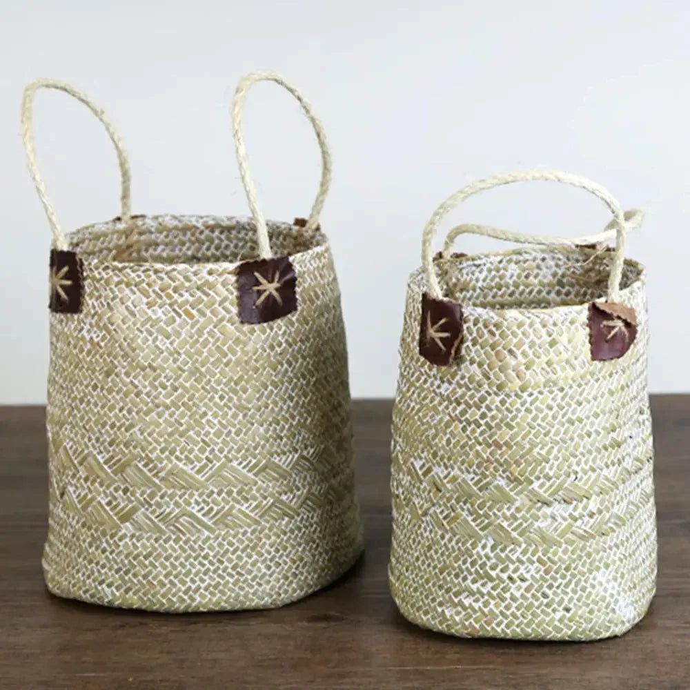 Set de 2 cestas de Ratán con Asa – Florero Rústico Tejido a Mano para Lavanda o Decoración (Blanco)