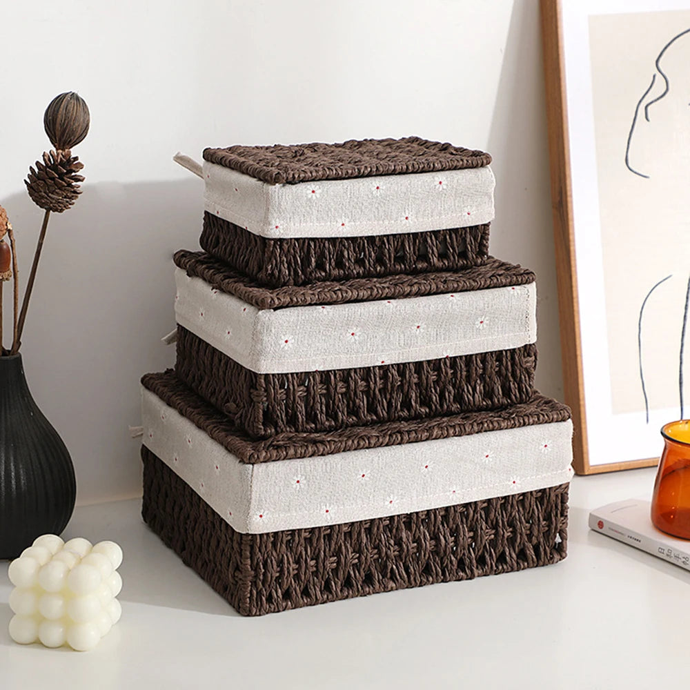 Set de 3 Cestas de Ratán Tejido – Hechas a Mano con Detalles en Tela para Almacenaje de Cosméticos, Joyas o Ropa
