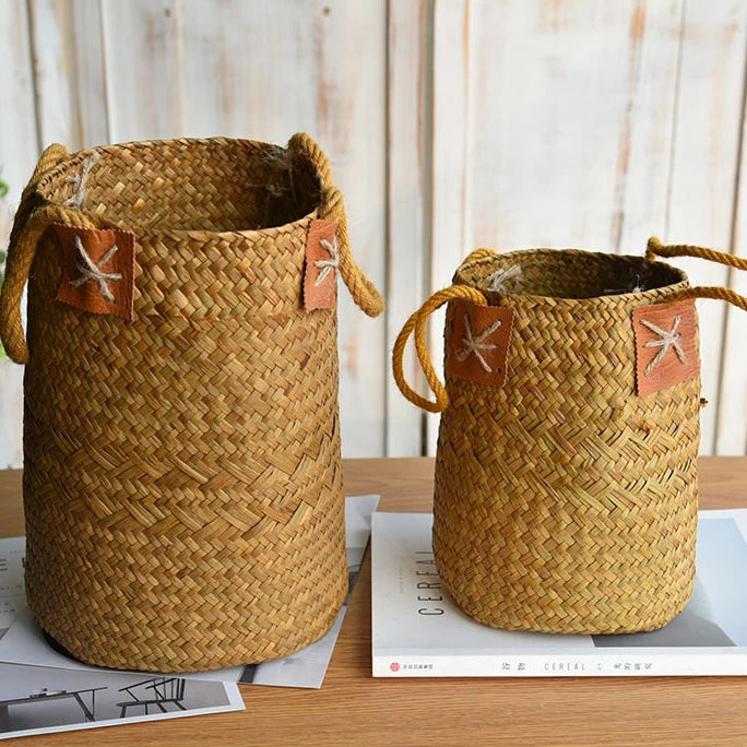 Set de 2 cestas de Ratán con Asa – Florero Rústico Tejido a Mano para Lavanda o Decoración (Natural)