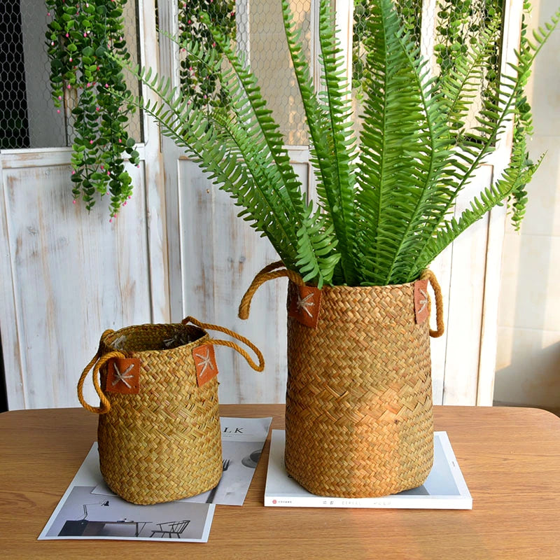 Set de 2 cestas de Ratán con Asa – Florero Rústico Tejido a Mano para Lavanda o Decoración (Natural)