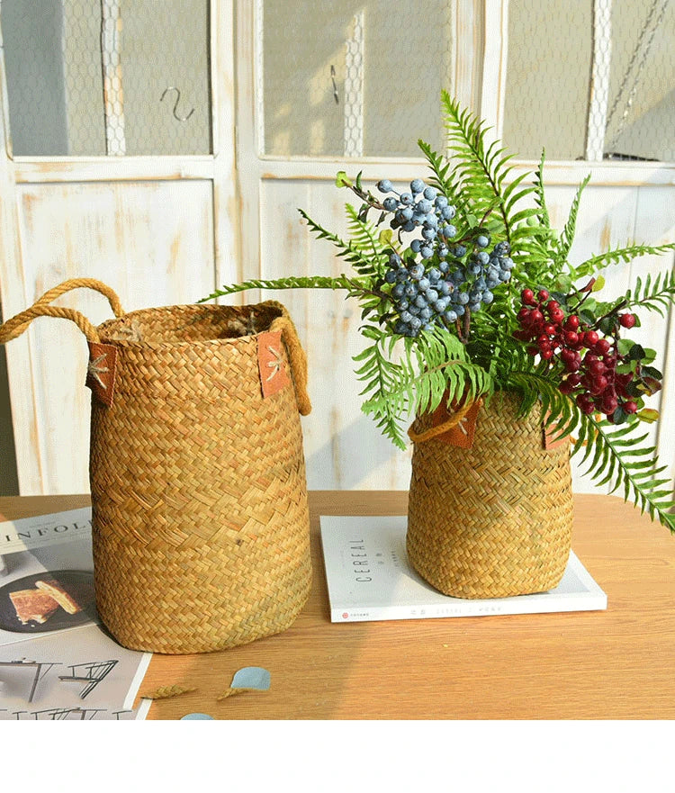 Set de 2 cestas de Ratán con Asa – Florero Rústico Tejido a Mano para Lavanda o Decoración (Natural)