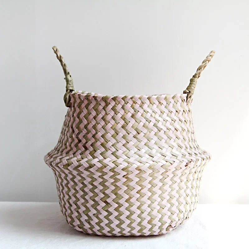 Cesta de Mimbre Plegable – Algas Marinas Hecha a Mano para Ropa o Almacenaje (Estilo Patchwork)