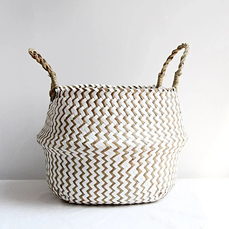 Cesta de Mimbre Plegable – Algas Marinas Hecha a Mano para Ropa o Almacenaje (Estilo Patchwork)