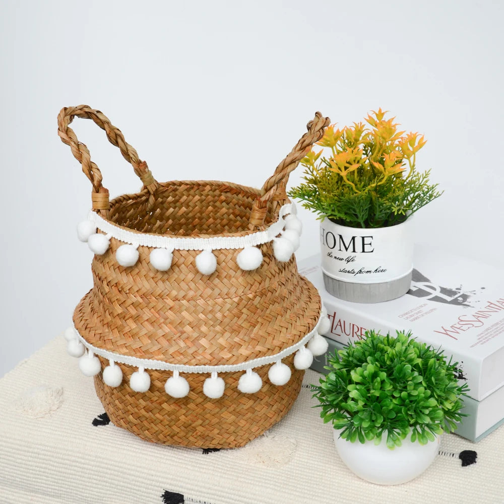 Cesta Asas de Fibras Naturales – Tejida a Mano y Plegable, Estilo Boho Nórdico Multiusos