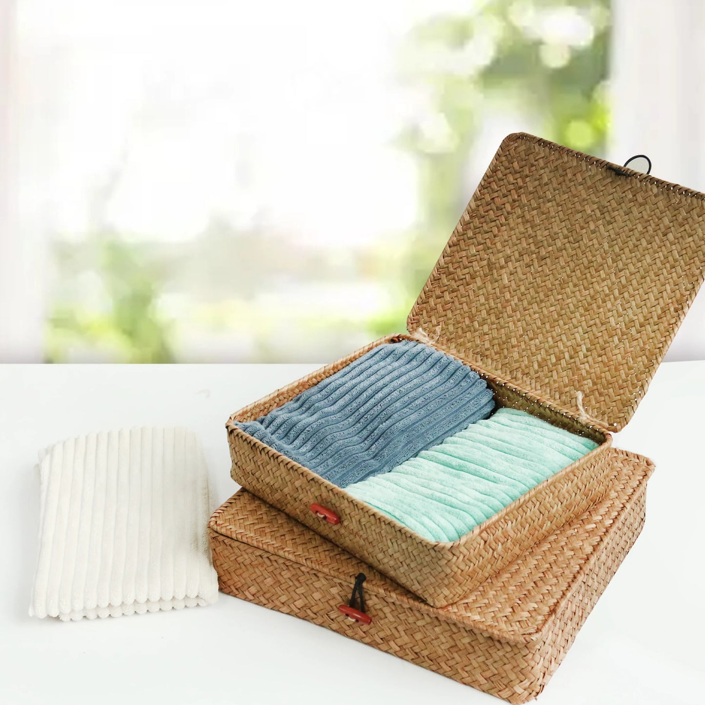 Set de 2 Cestas de Algas Marinas con Tapa – Organizadores Rectangulares Tejidos para Estanterías, Armarios o Dormitorio