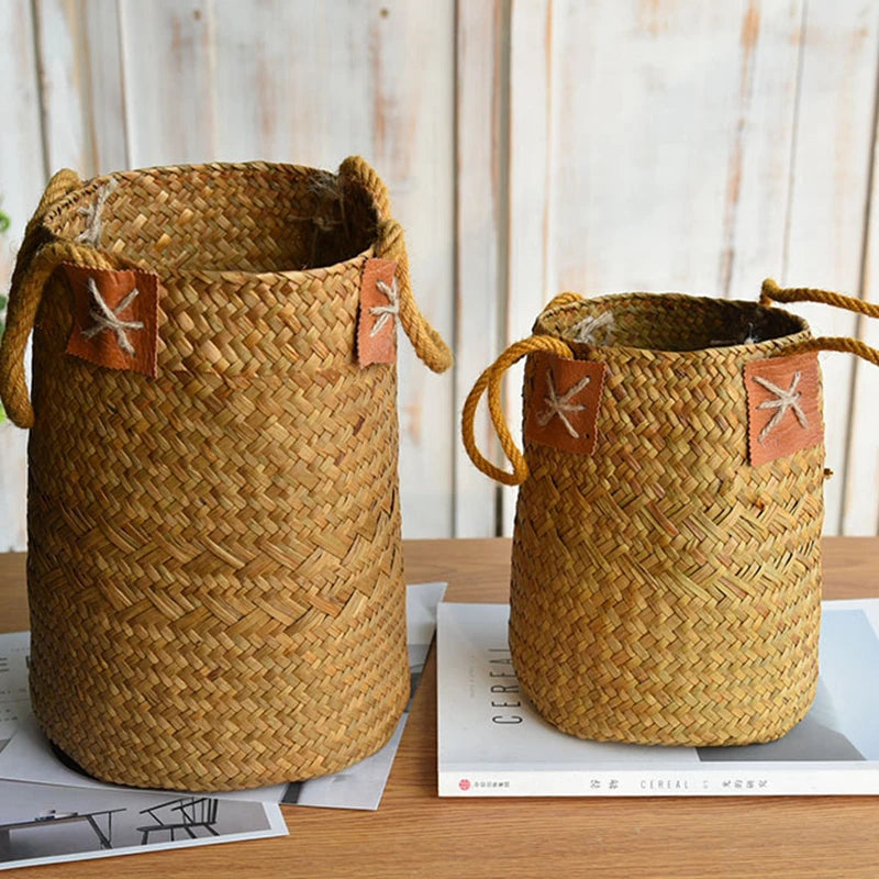 Set de 2 cestas de Ratán con Asa – Florero Rústico Tejido a Mano para Lavanda o Decoración (Natural)