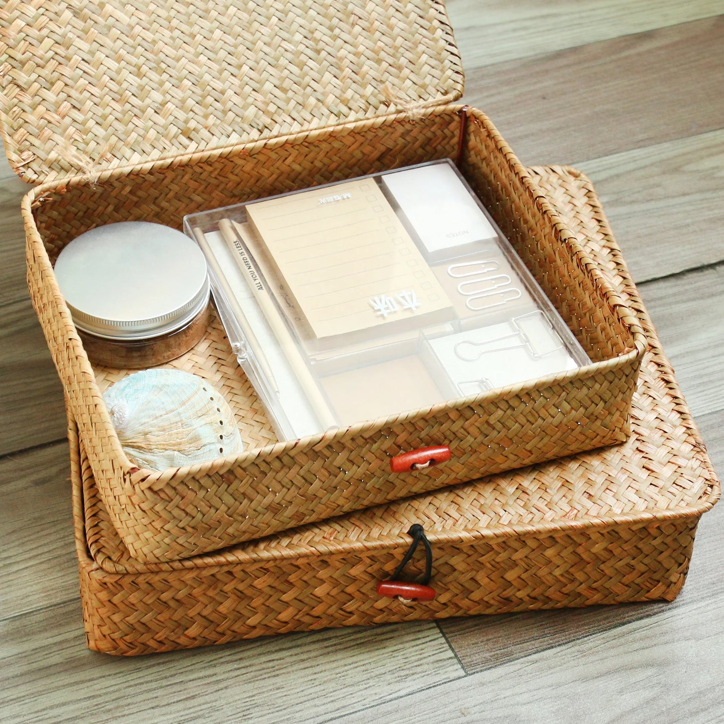 Set de 2 Cestas de Algas Marinas con Tapa – Organizadores Rectangulares Tejidos para Estanterías, Armarios o Dormitorio