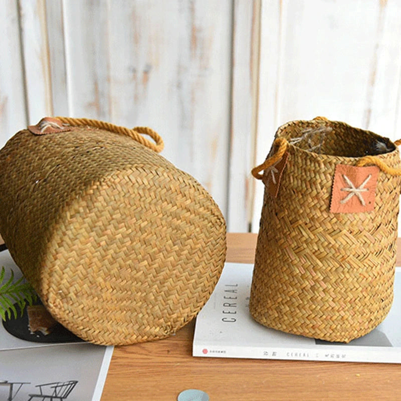 Set de 2 cestas de Ratán con Asa – Florero Rústico Tejido a Mano para Lavanda o Decoración (Natural)