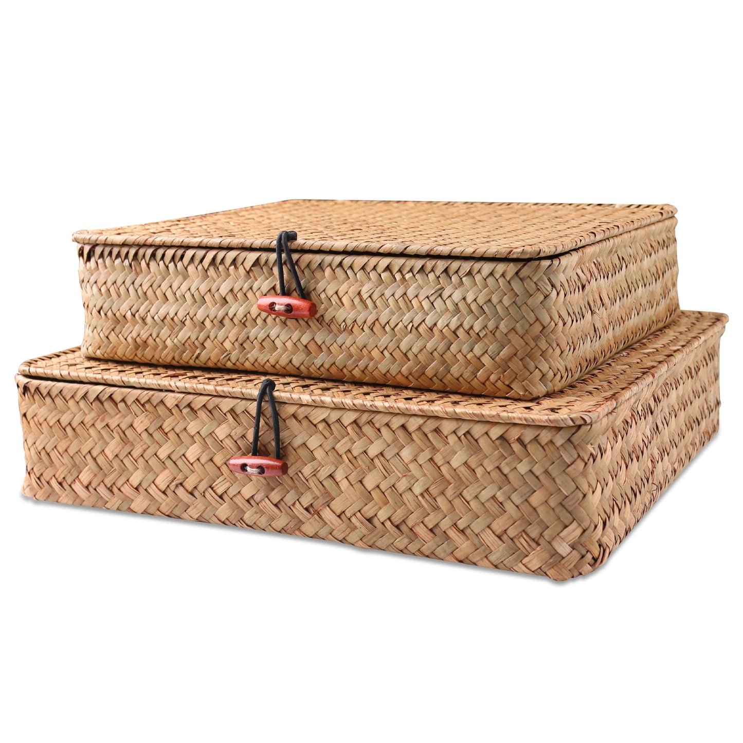 Set de 2 Cestas de Algas Marinas con Tapa – Organizadores Rectangulares Tejidos para Estanterías, Armarios o Dormitorio