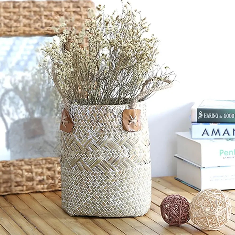 Set de 2 cestas de Ratán con Asa – Florero Rústico Tejido a Mano para Lavanda o Decoración (Blanco)