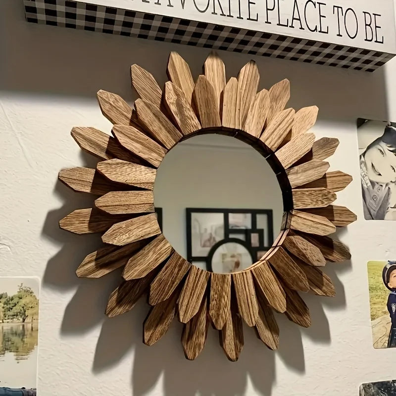 Espejo Redondo de Madera para Pared – Estilo Bohemio con Diseño de Flor de Girasol (Decorativo y Funcional)