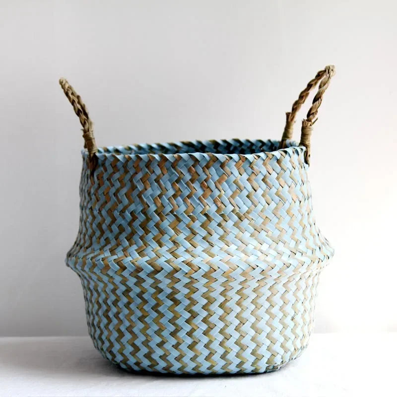 Cesta de Mimbre Plegable – Algas Marinas Hecha a Mano para Ropa o Almacenaje (Estilo Patchwork)