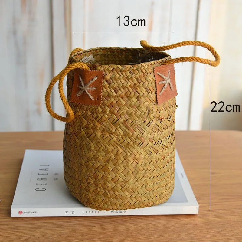 Set de 2 cestas de Ratán con Asa – Florero Rústico Tejido a Mano para Lavanda o Decoración (Natural)