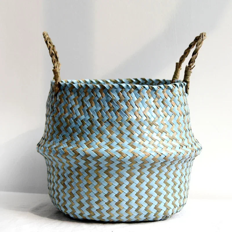 Cesta de Mimbre Plegable – Algas Marinas Hecha a Mano para Ropa o Almacenaje (Estilo Patchwork)