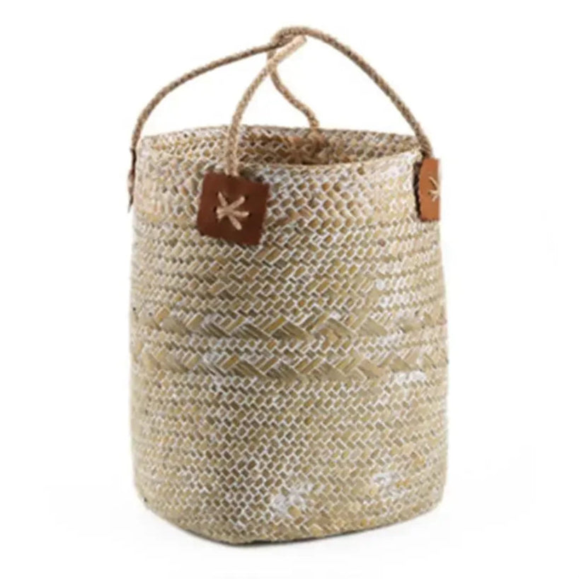 Set de 2 cestas de Ratán con Asa – Florero Rústico Tejido a Mano para Lavanda o Decoración (Blanco)