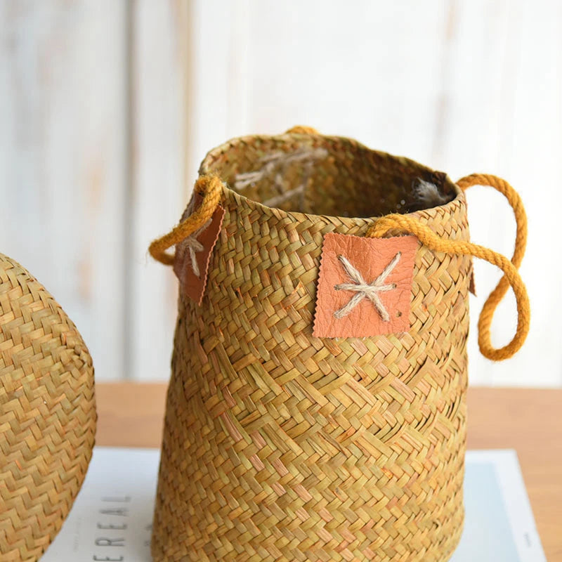 Set de 2 cestas de Ratán con Asa – Florero Rústico Tejido a Mano para Lavanda o Decoración (Natural)
