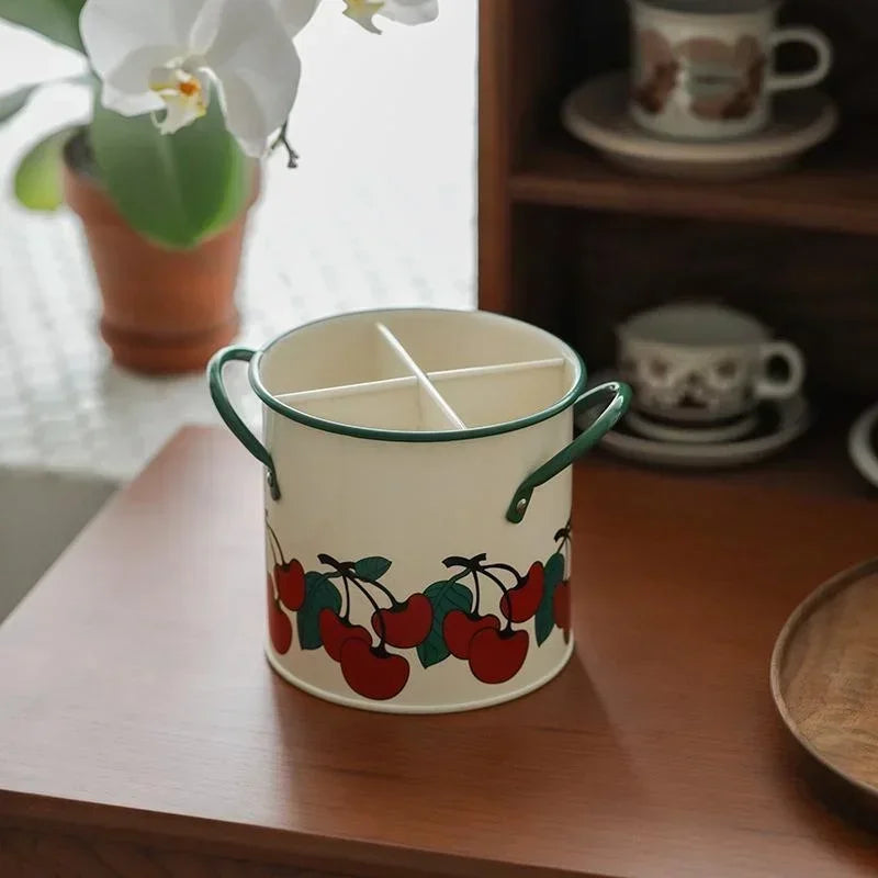 Organizador de Cubiertos Retro – Cubo Metálico con Divisiones para Cocina Estilo Rústico