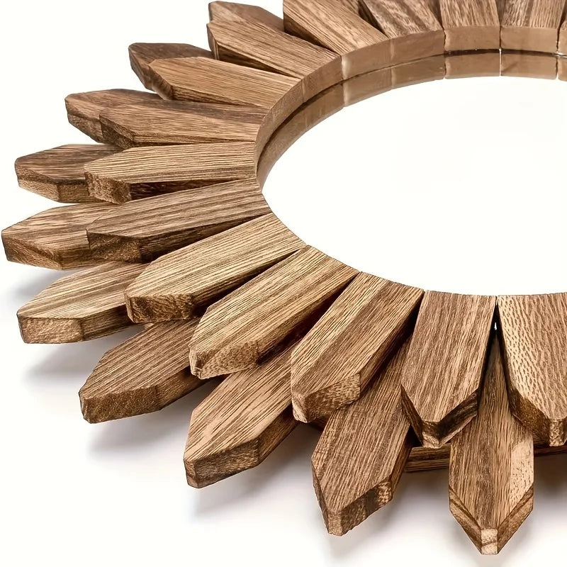 Espejo Redondo de Madera para Pared – Estilo Bohemio con Diseño de Flor de Girasol (Decorativo y Funcional)