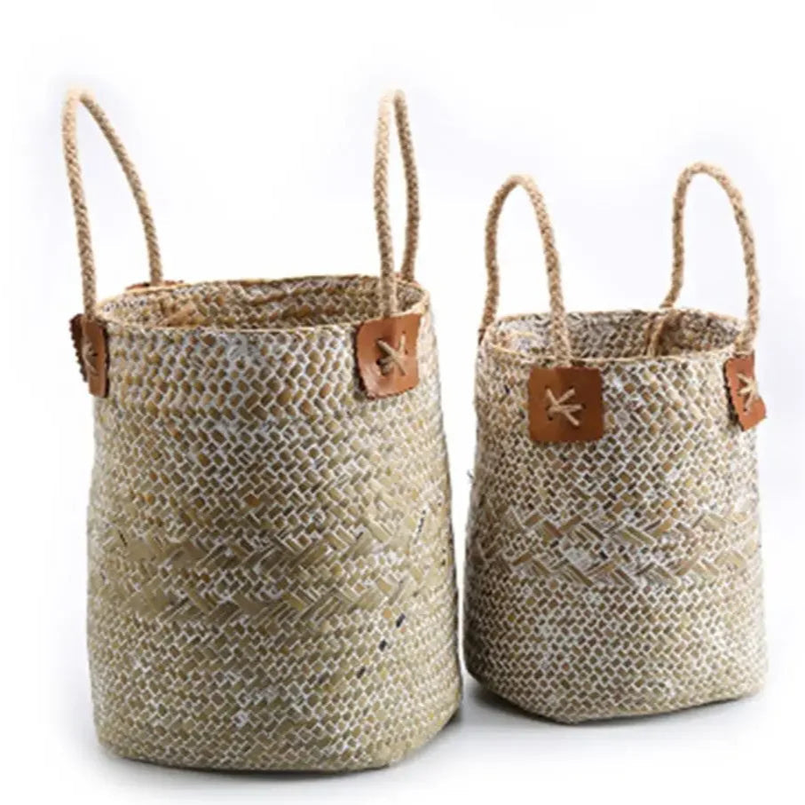 Set de 2 cestas de Ratán con Asa – Florero Rústico Tejido a Mano para Lavanda o Decoración (Blanco)