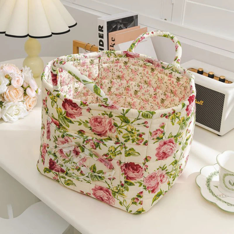 Cesta de Tela con Estampado Floral Grande – Plegable, con Asas para Ropa o Almacenaje Bonito