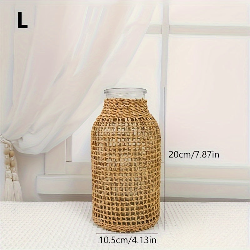 Jarrón de Cristal con Cubierta de Ratán – Estilo Boho para Ramilletes o Decoración de Mes