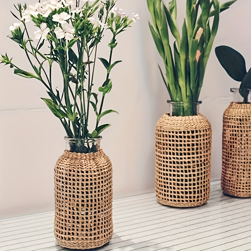 Jarrón de Cristal con Cubierta de Ratán – Estilo Boho para Ramilletes o Decoración de Mes