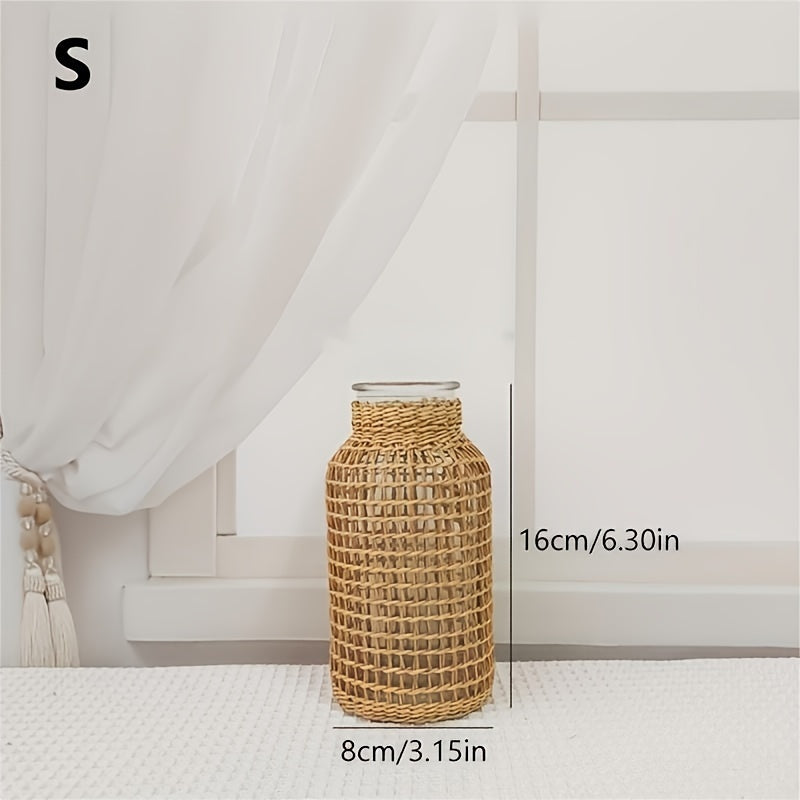 Jarrón de Cristal con Cubierta de Ratán – Estilo Boho para Ramilletes o Decoración de Mes