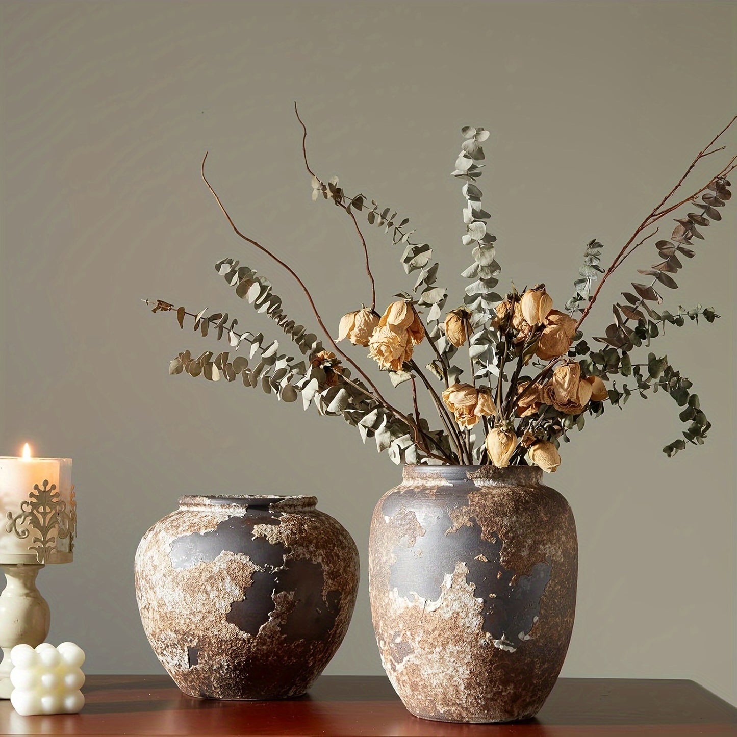 Jarrón Decorativo de Cerámica Estilo Farmhouse – Hecho a Mano con Acabado Envejecido (Grande)