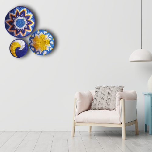 Set de Decoración Boho – Tapices Tejidos a Mano en Azul y Amarillo