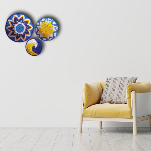 Set de Decoración Boho – Tapices Tejidos a Mano en Azul y Amarillo