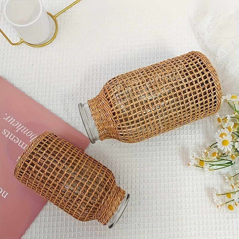 Jarrón de Cristal con Cubierta de Ratán – Estilo Boho para Ramilletes o Decoración de Mes