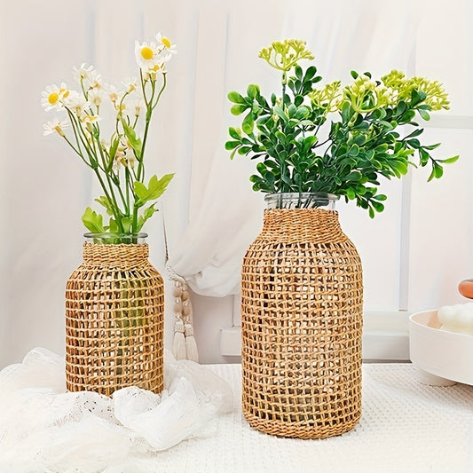 Jarrón de Cristal con Cubierta de Ratán – Estilo Boho para Ramilletes o Decoración de Mes